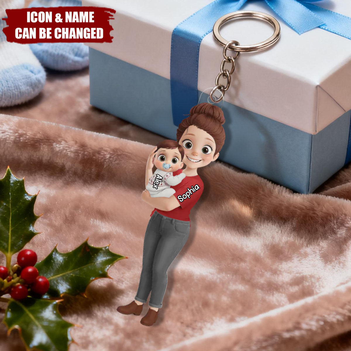 Personalized Christmas Mom Holding Baby Acrylic Keychain,Gender Reveal Gifts - Tiny Hands Big Love