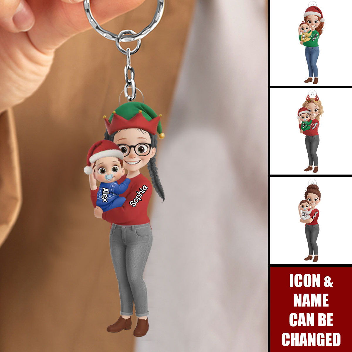 Personalized Christmas Mom Holding Baby Acrylic Keychain,Gender Reveal Gifts - Tiny Hands Big Love