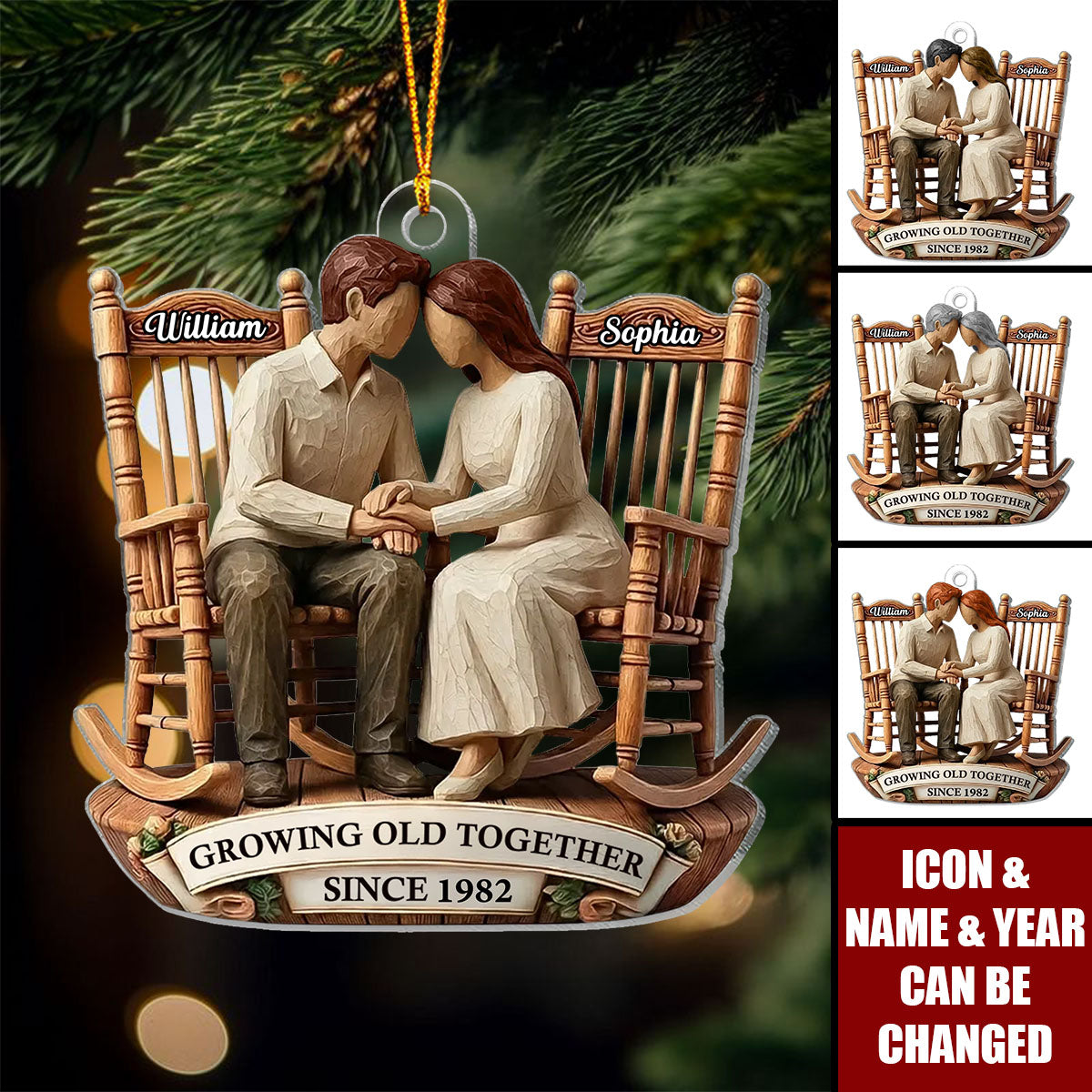 Couple Sitting On Rocking Chairs Faux Wood - Personalized Acrylic Ornament - Heartwarming Christmas Gift