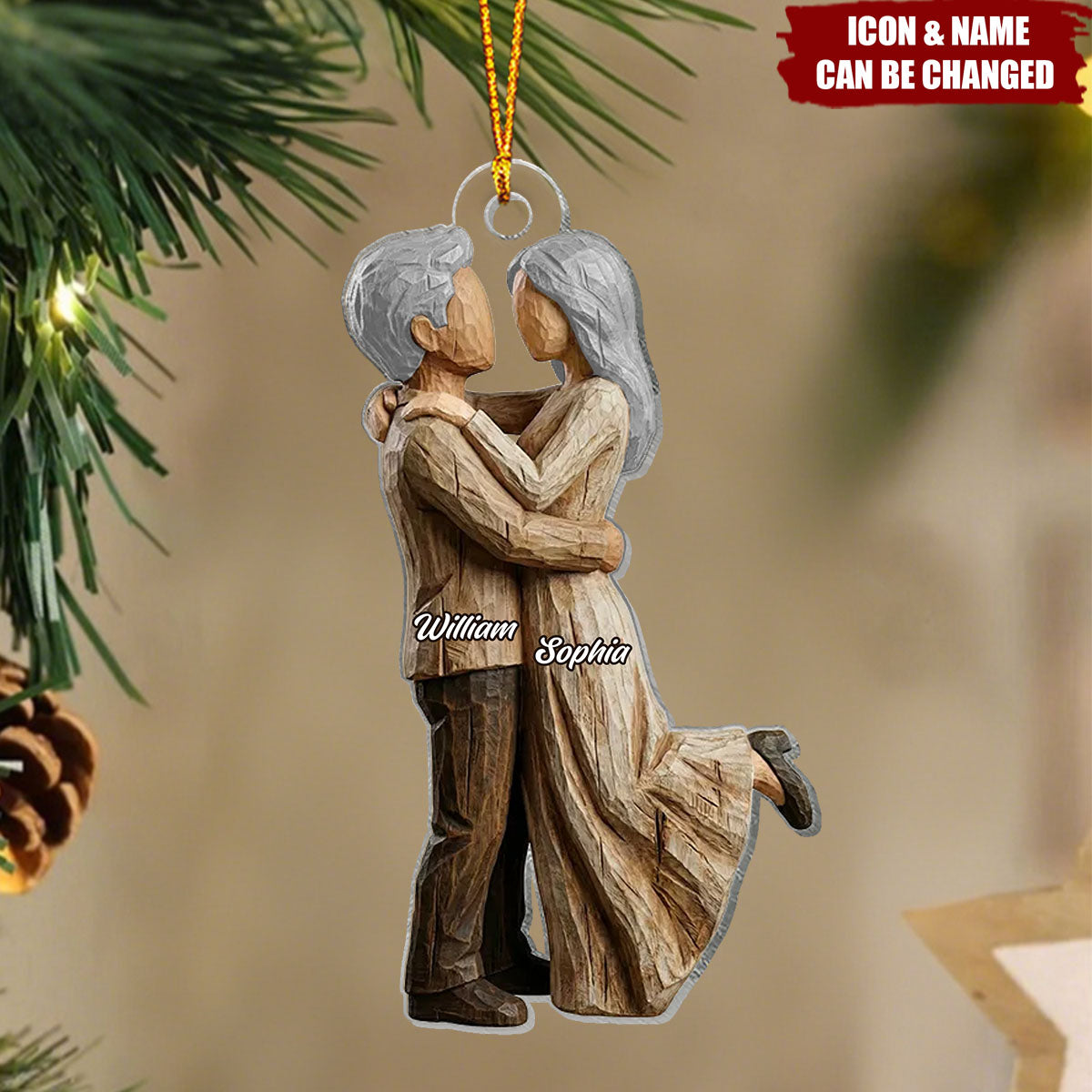 Couple Hugging Faux Wood - Personalized Acrylic Ornament - Heartwarming Christmas Gift