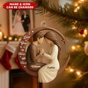 Couple Love to the Moon and Back Wooden Effect - Personalized Acrylic Ornament