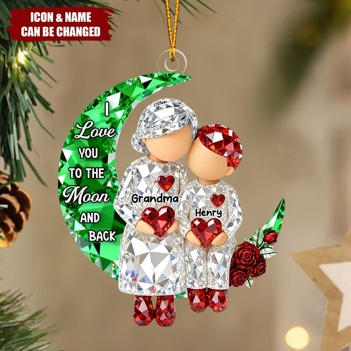 Crystal Effect Grandma Grandpa Grandkid Sitting on Moon - Personalized Acrylic Ornament - Christmas Gift