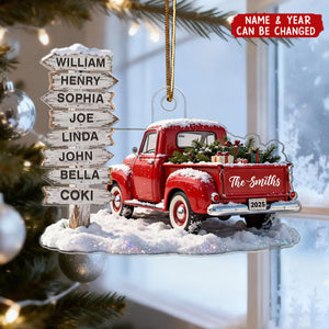 Nostalgia Christmas Truck Family Sign Posts Custom Names - Personalized Acrylic Ornament
