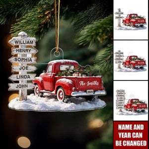 Nostalgia Christmas Truck Family Sign Posts Custom Names - Personalized Acrylic Ornament