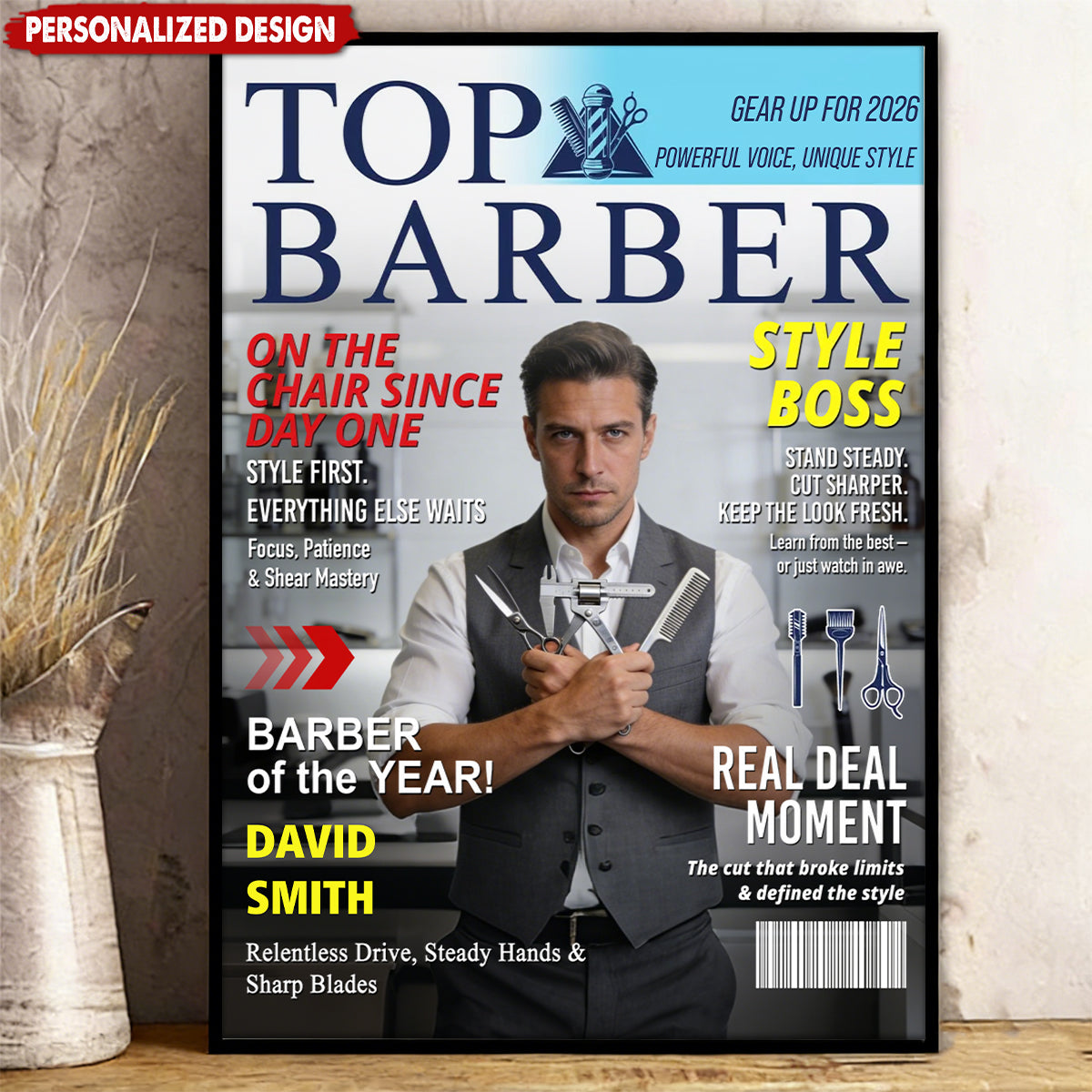 Personalized Barber Magazine Cover Poster, Custom Barber Photo Canvas