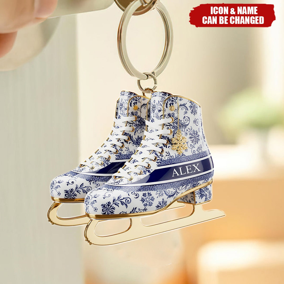 Personalized Skating Toile de Jouy Acrylic Keychain, Gifts For Ice Skating Lovers