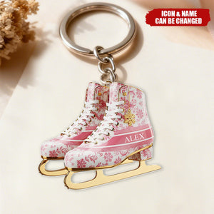 Personalized Skating Toile de Jouy Acrylic Keychain, Gifts For Ice Skating Lovers