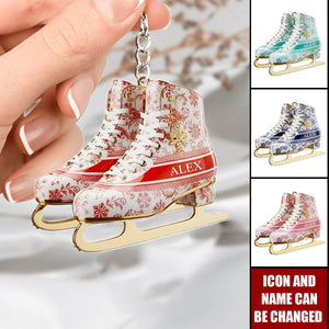 Personalized Skating Toile de Jouy Acrylic Keychain, Gifts For Ice Skating Lovers