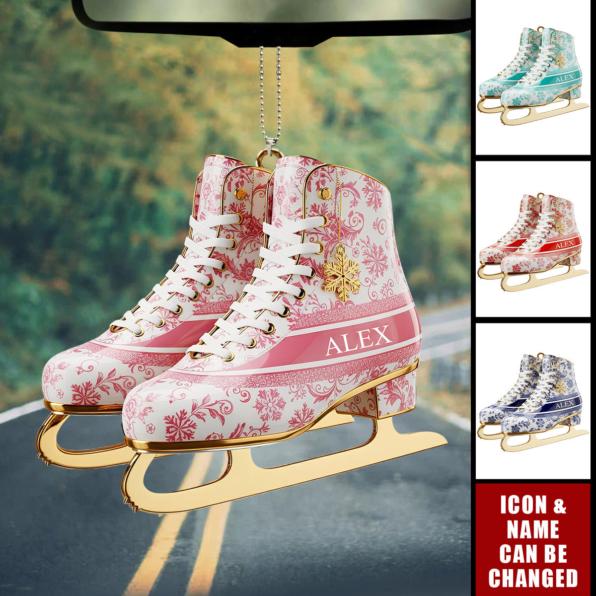Personalized Skating Toile de Jouy Car Ornament, Gifts For Ice Skating Lovers