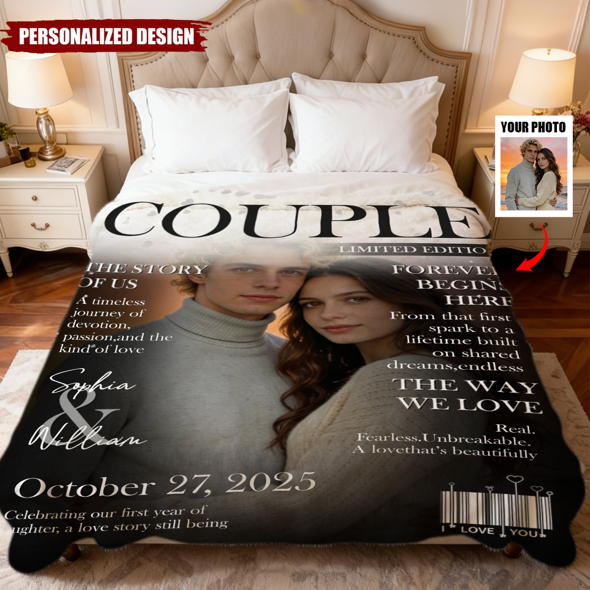 Personalized Couple Magazine Cover Blanket, Love Story Canvas, Romantic Couple Gift