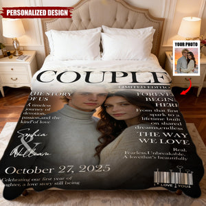 Personalized Couple Magazine Cover Blanket, Love Story Canvas, Romantic Couple Gift