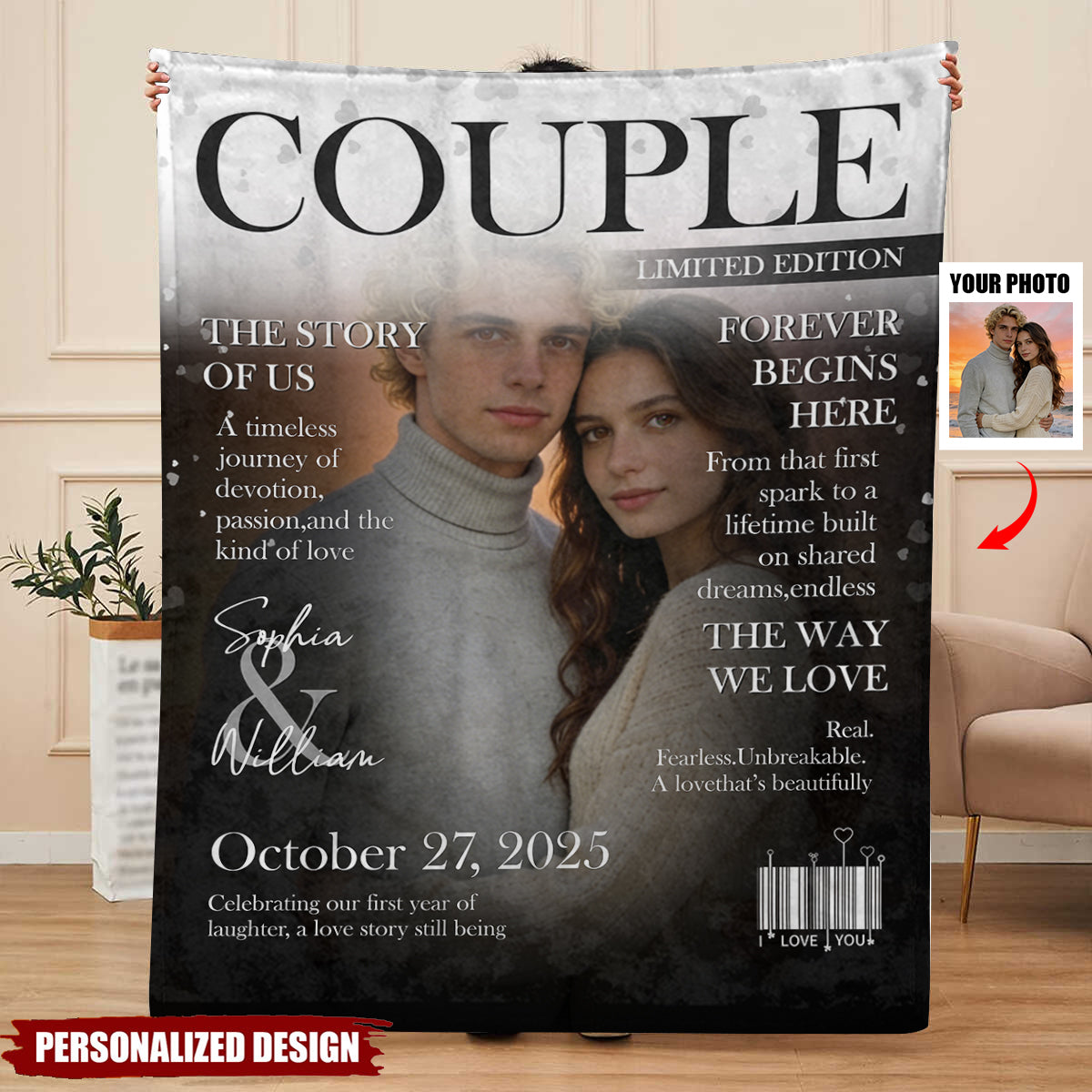 Personalized Couple Magazine Cover Blanket, Love Story Canvas, Romantic Couple Gift
