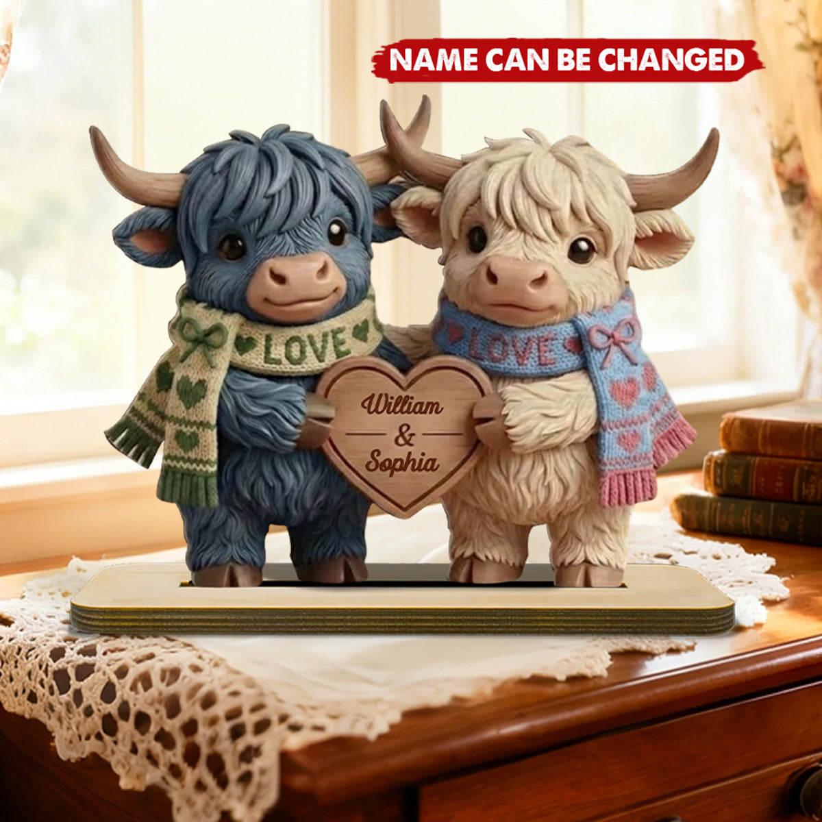 Personalized Wooden Block, Highland Cow Couple Figurine, Tabletop Shelf Decor, Farmhouse Home Accent