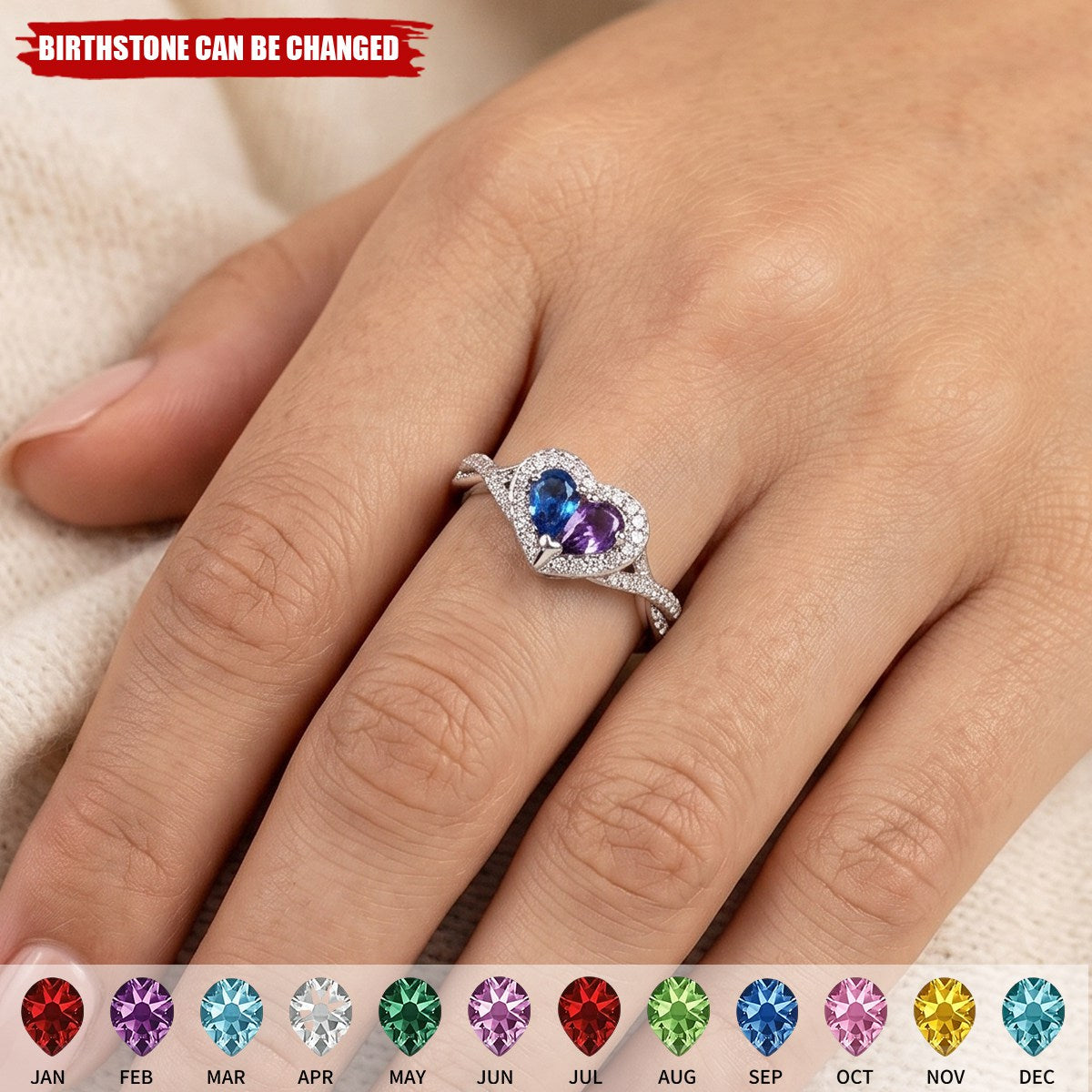 Personalized Mother Daughter Birthstone Ring, Heart Sapphire Ring, Mothers Day Gift for Mom, Family Love Jewelry