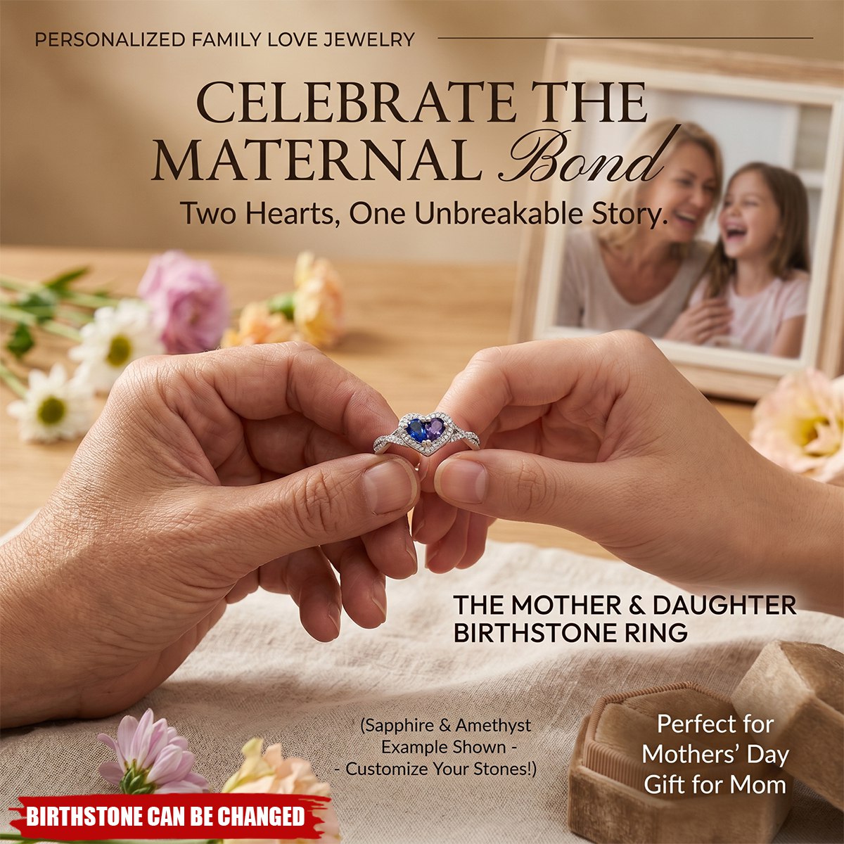 Personalized Mother Daughter Birthstone Ring, Heart Sapphire Ring, Mothers Day Gift for Mom, Family Love Jewelry