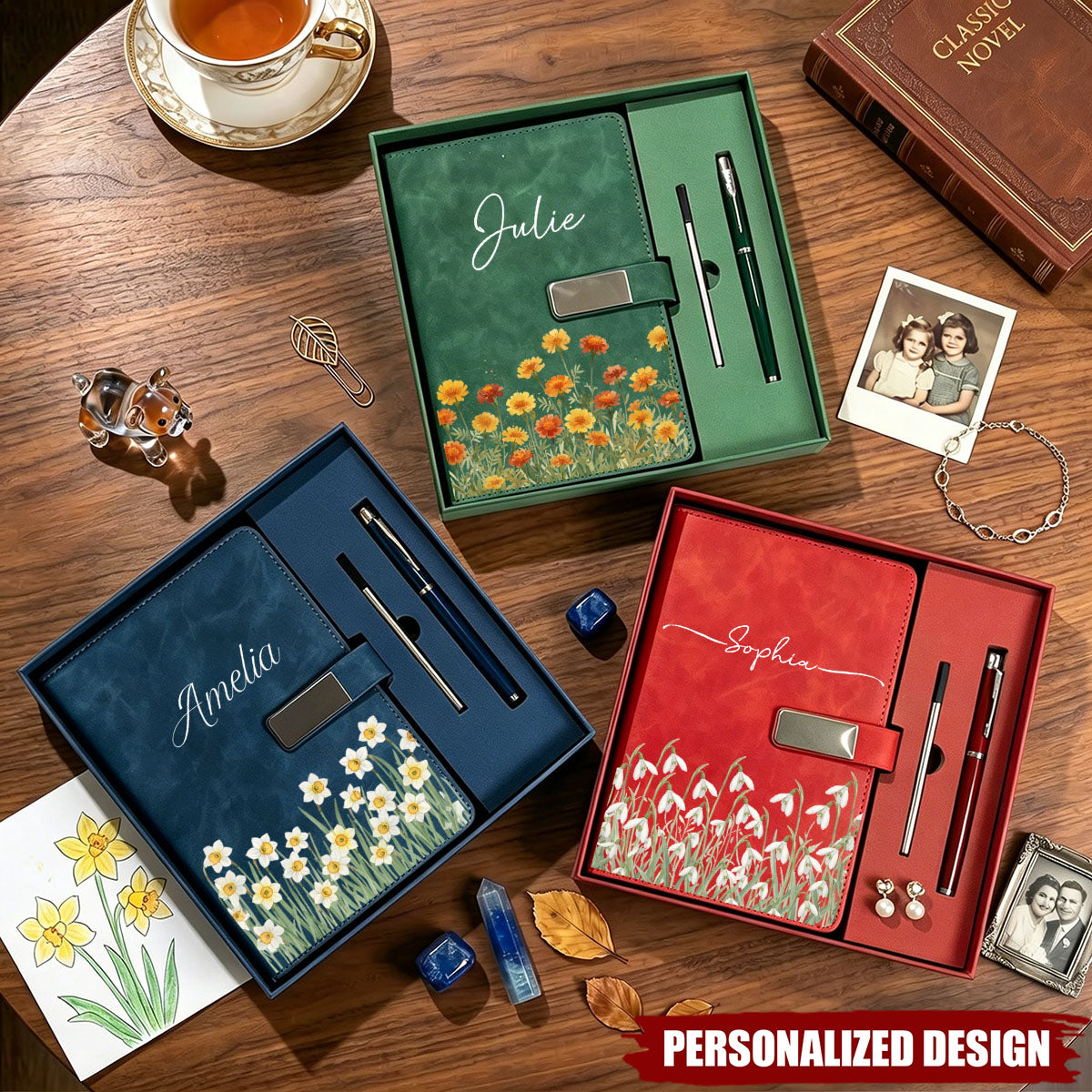 Custom Birth Flower & Name For Her, Wife, Daughter, Sister - Personalized Notebook Set