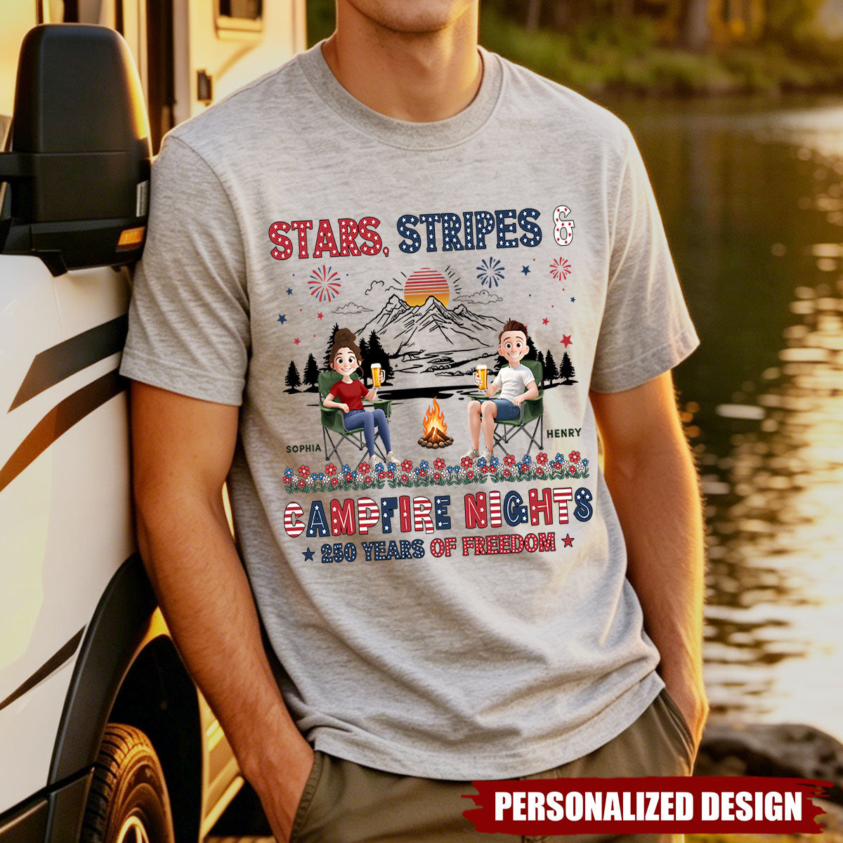 Stars Stripes & Campfire Nights 250 Years Of Freedom - Personalized Camping Crew Shirt