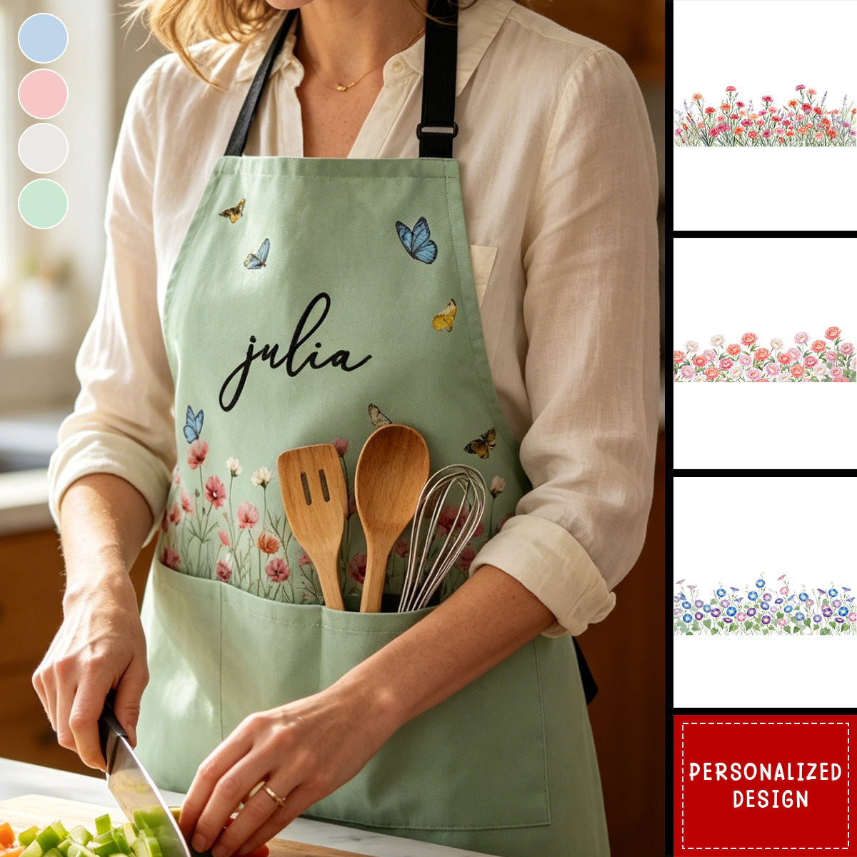 Unique Custom Birth Flower & Name Floral Keepsake Gifts For Her, Family Ladies, Mom, Grandma - Personalized Apron