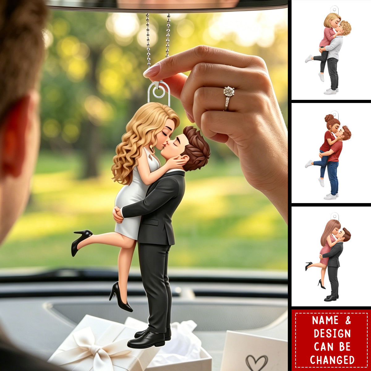 Personalized Acrylic Car Ornament - Custom Kissing Couple Portrait Car Pendant, Romantic Couple Gift for Him and Her