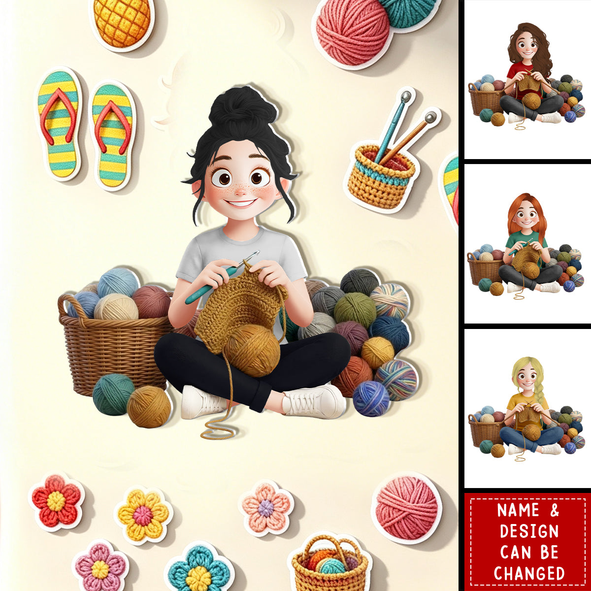 Cartoon Crochet Knitting Girl Hobby Keepsake - Personalized Fridge Magnet