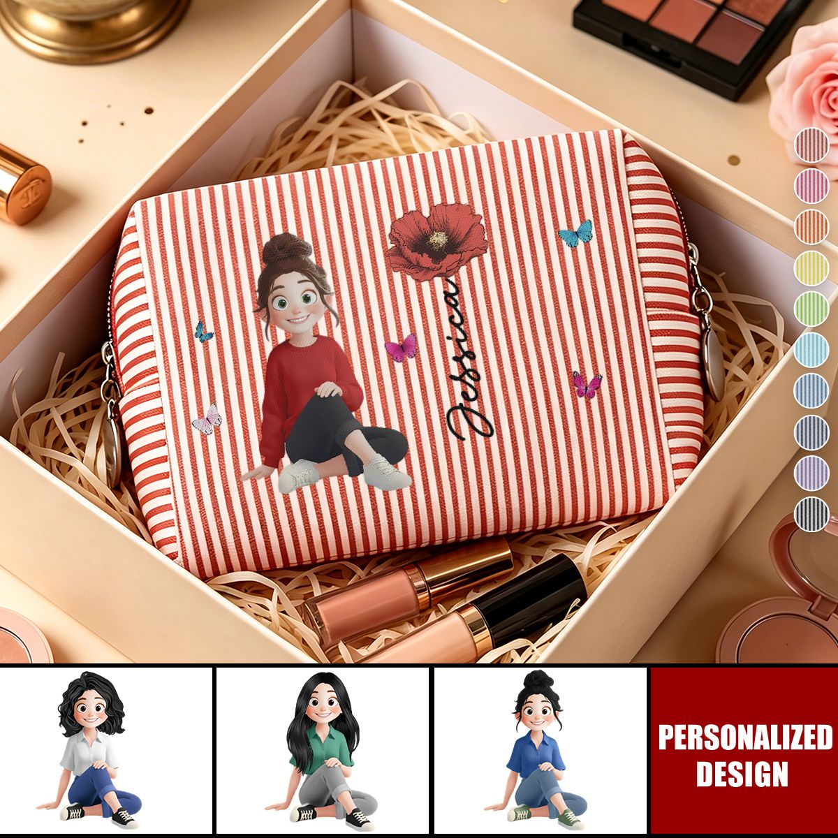 Custom Birth Flower,name and cute cartoon designs for her-personalized makeup bag.