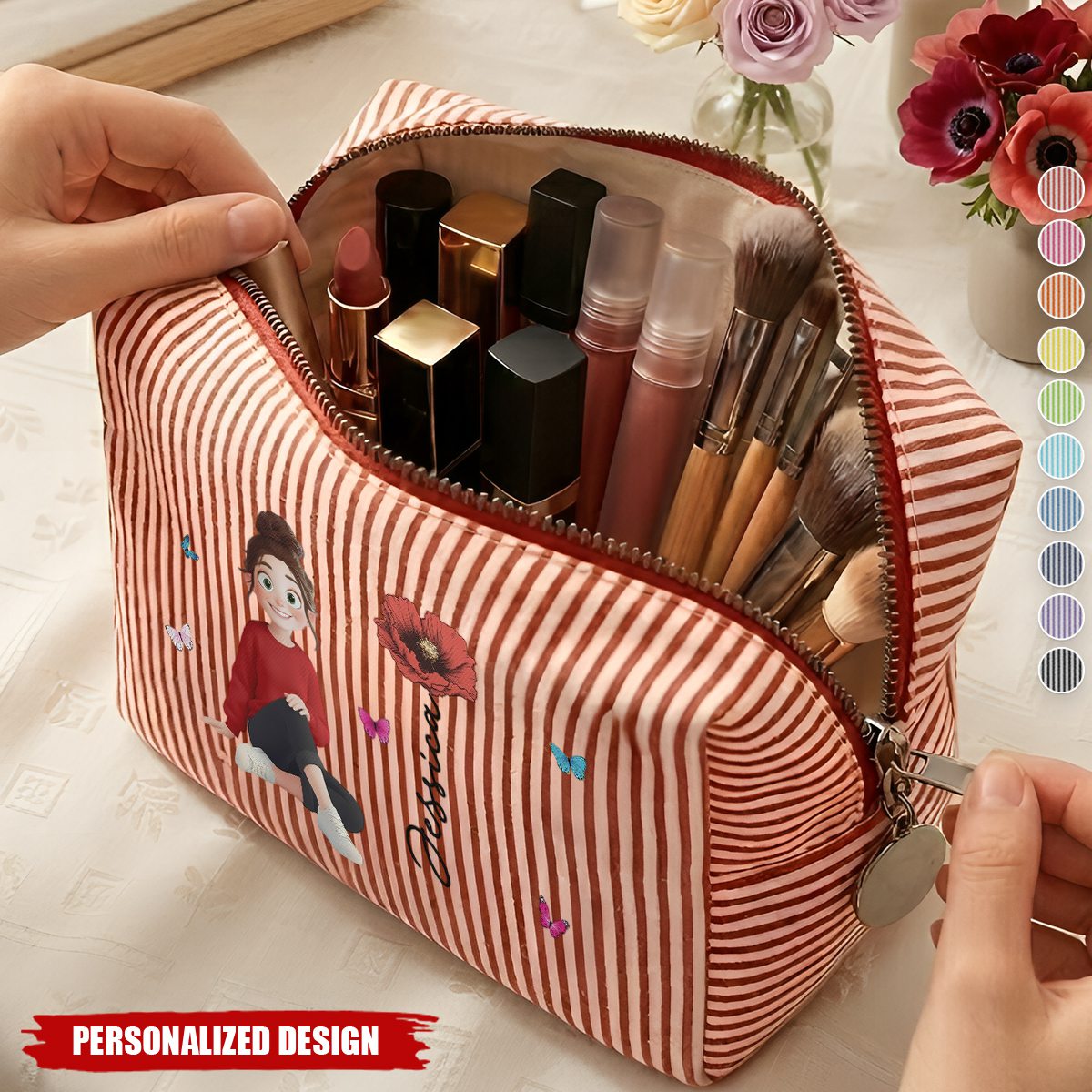 Custom Birth Flower,name and cute cartoon designs for her-personalized makeup bag.