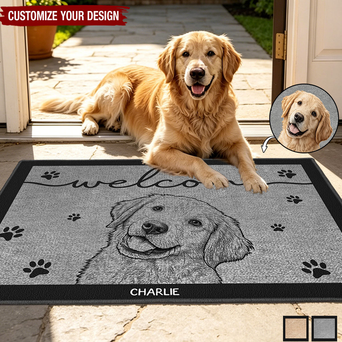 Custom Pet Portrait Sketch Line Art Welcome Home - Personalized Doormat
