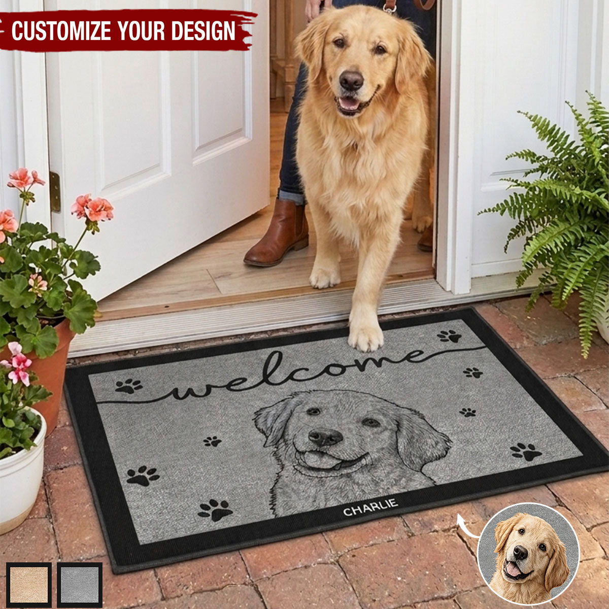 Custom Pet Portrait Sketch Line Art Welcome Home - Personalized Doormat