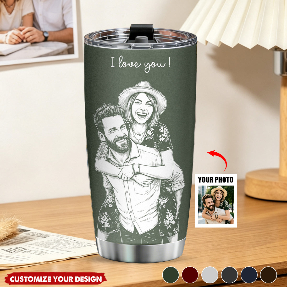 Custom Couple Photo Sketch Line Art Anniversary Gift For Him, Her - Personalized Tumbler Cup