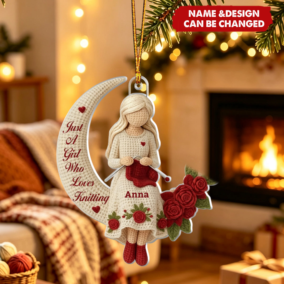 Just A Girl Who Loves Knitting, Girl and Roses, Custom Acrylic Christmas Ornament, Gift for Knitters