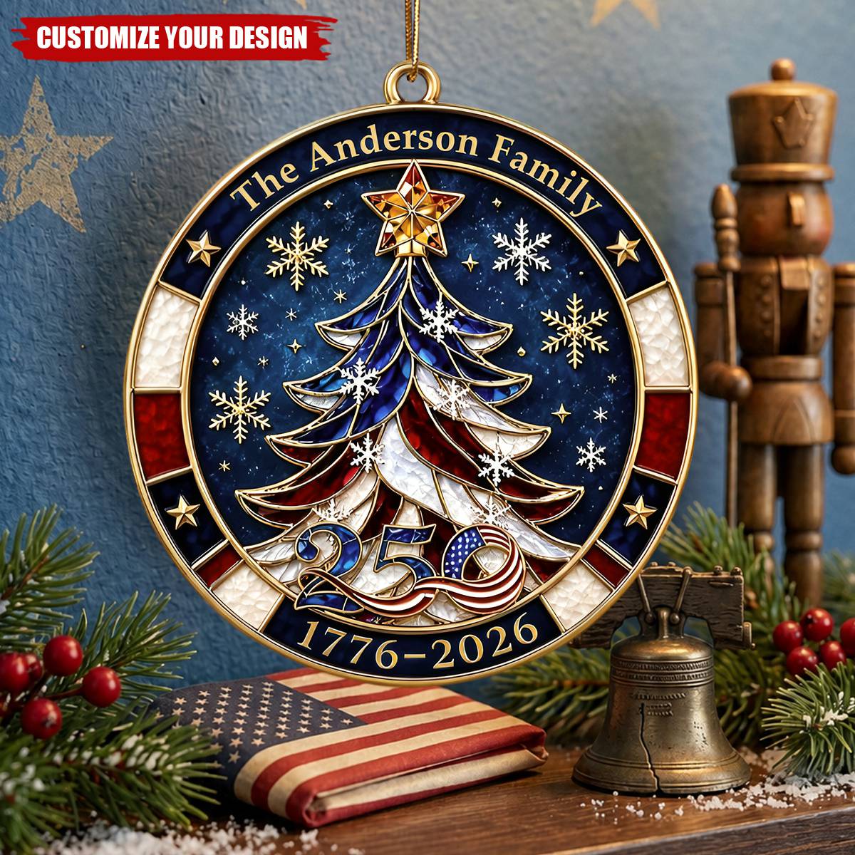 Personalized 250th Anniversary Ornament 1776-2026, American Flag Christmas Tree Decor, Custom Family Name Patriotic Holiday Gift