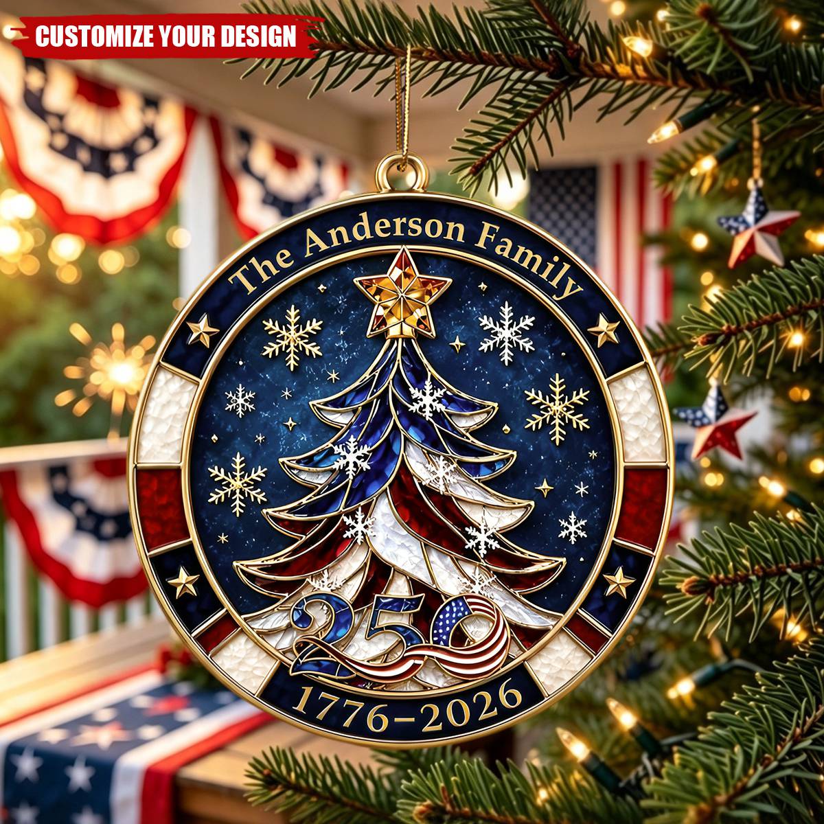 Personalized 250th Anniversary Ornament 1776-2026, American Flag Christmas Tree Decor, Custom Family Name Patriotic Holiday Gift