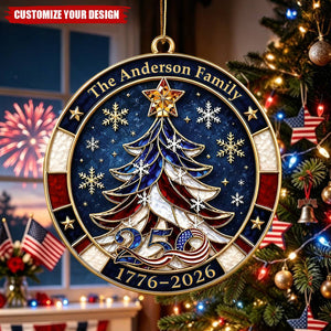 Personalized 250th Anniversary Ornament 1776-2026, American Flag Christmas Tree Decor, Custom Family Name Patriotic Holiday Gift