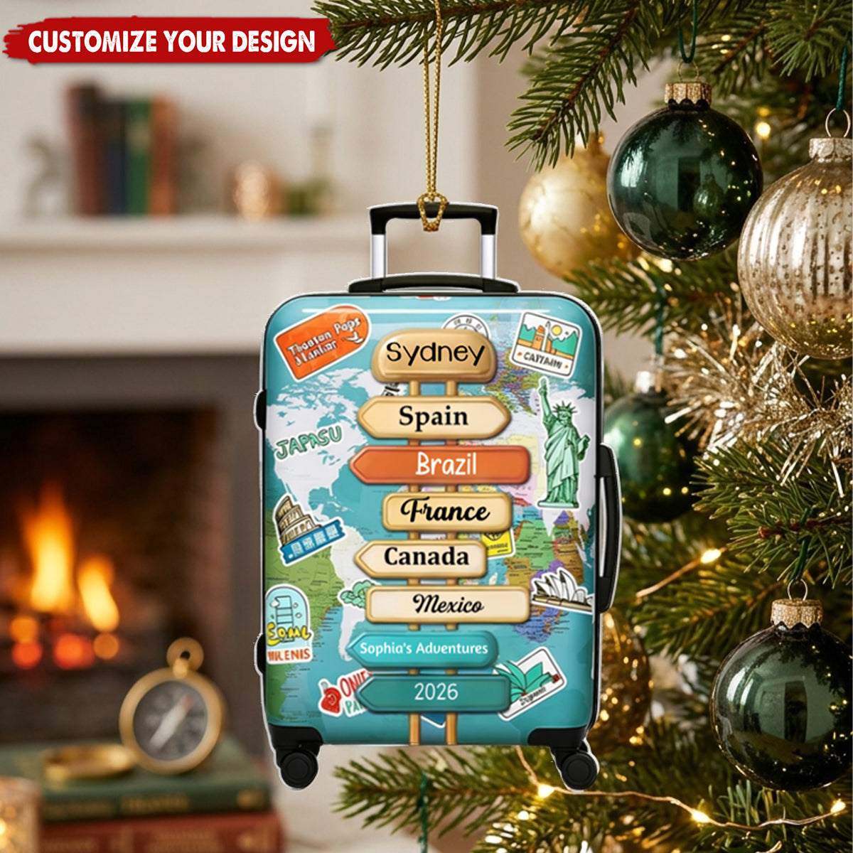 Personalized Travel Ornament, Custom Traveling Destination Ornament, Christmas Gift for Travelers