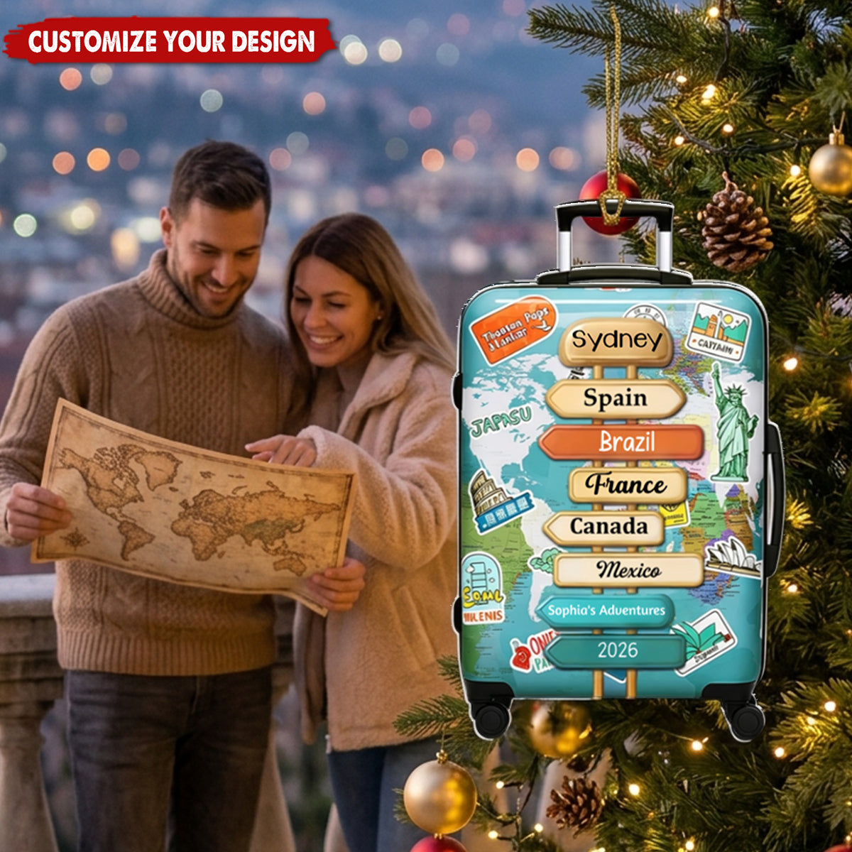 Personalized Travel Ornament, Custom Traveling Destination Ornament, Christmas Gift for Travelers