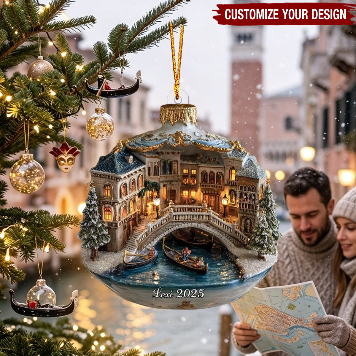 Venice Christmas Ornament Keepsake – Gondola Bridge Winter City Scene Holiday Decor, Italian Travel Christmas Gift For Home