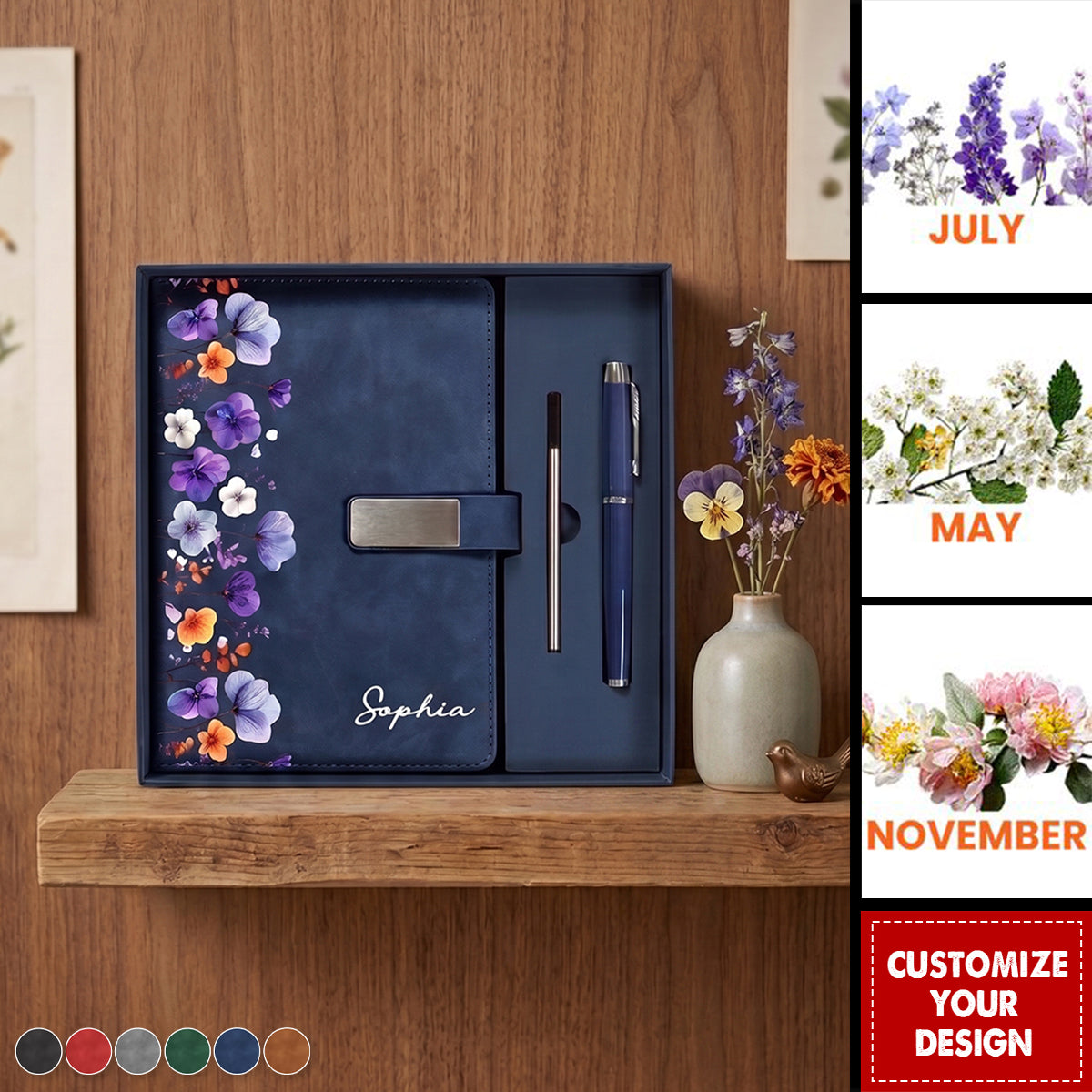 Custom Birth Flower & Name Gift For Her Daughter Friend - Personalized Notebook Set