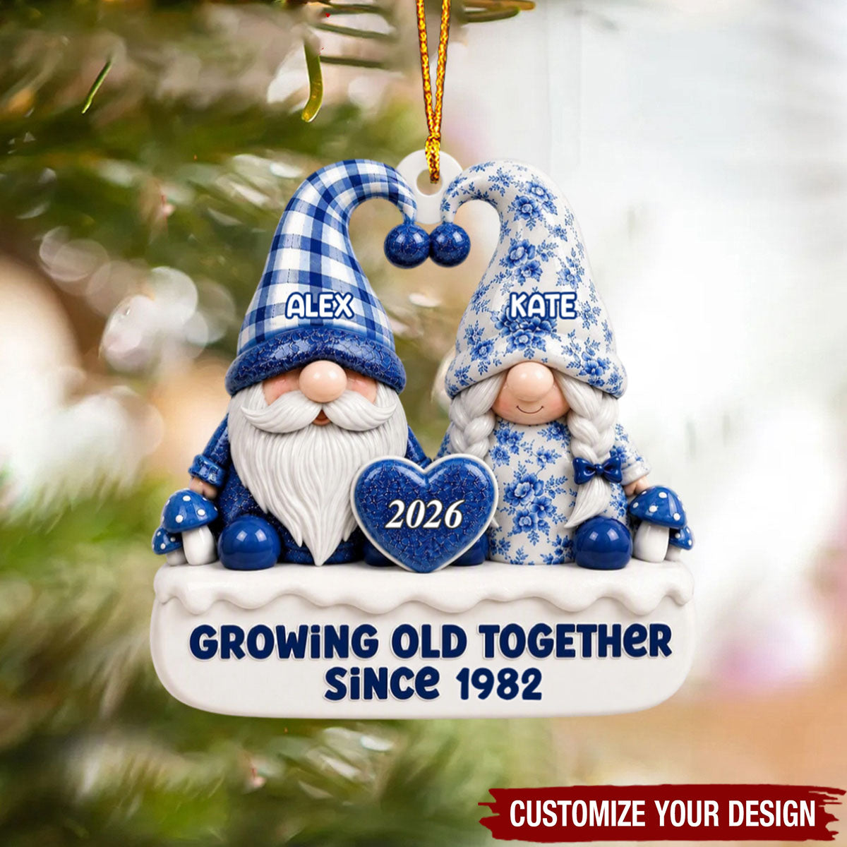 Custom Gnome Couple Christmas Ornament, Personalized Anniversary Ornament, Growing Old Together Since
