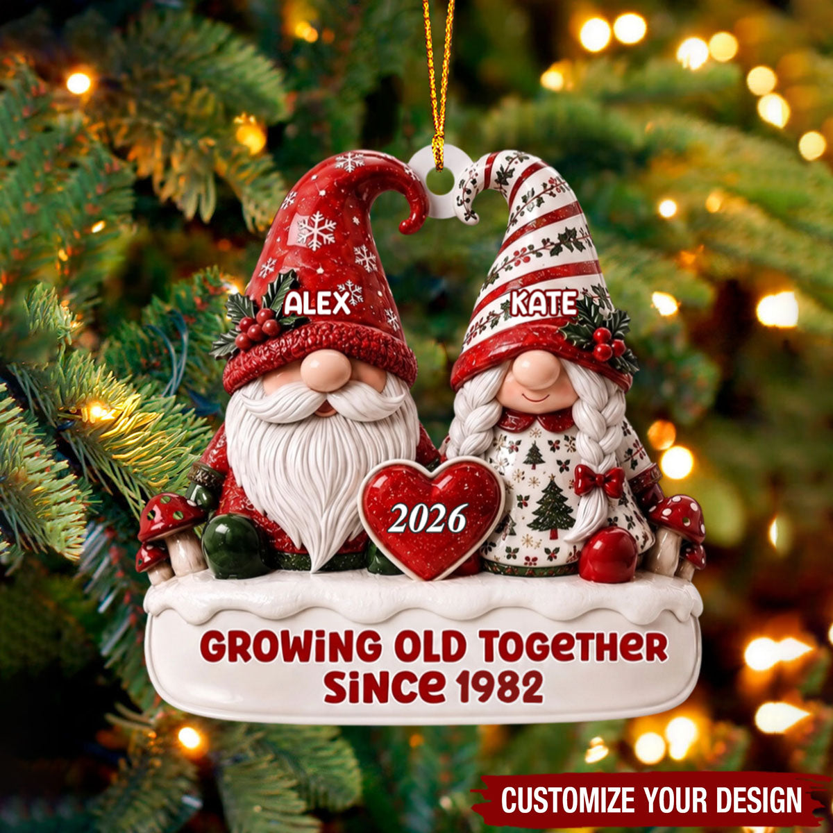 Custom Gnome Couple Christmas Ornament, Personalized Anniversary Ornament, Growing Old Together Since