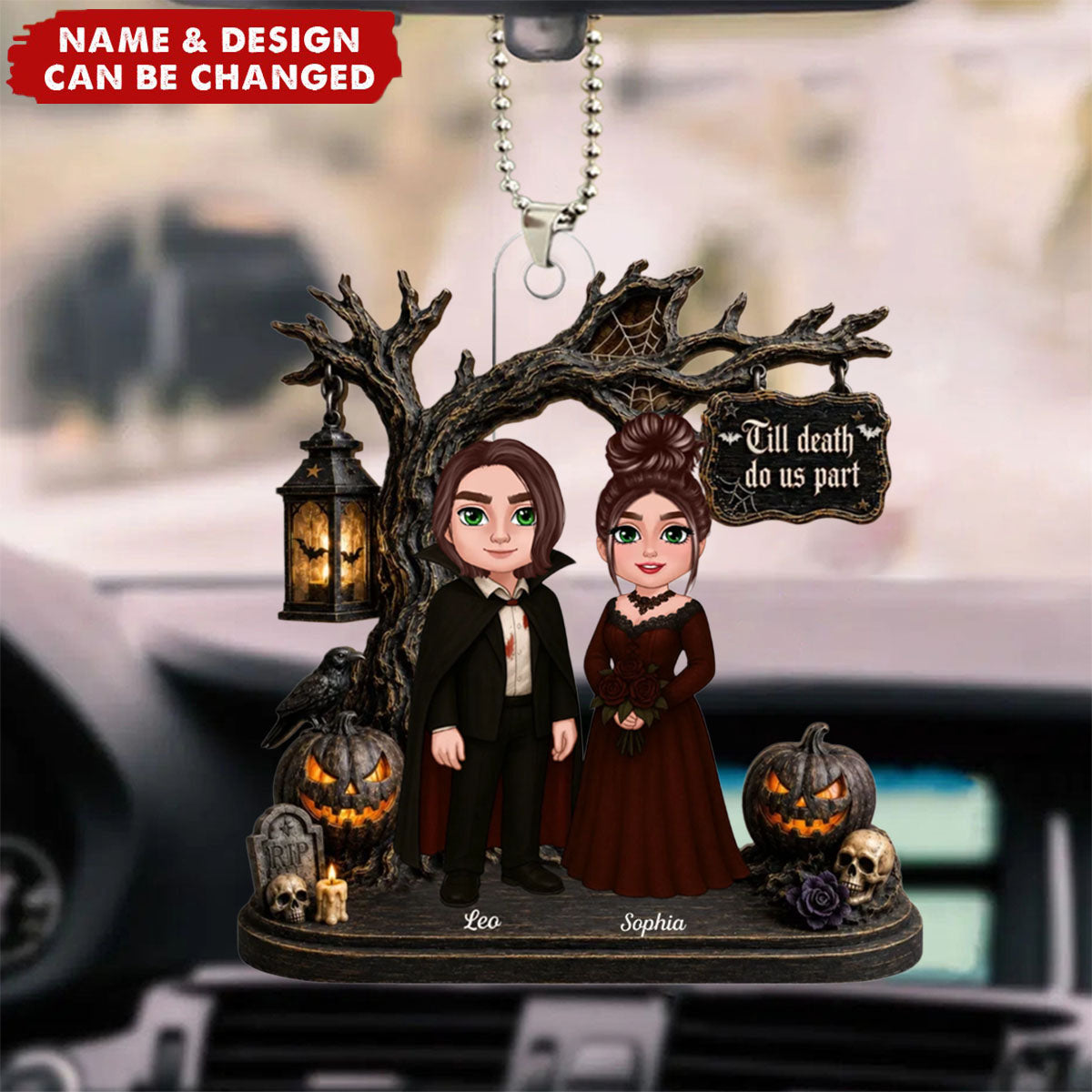 Couple Standing Under Spooky Halloween Tree - Personalized Couple Acrylic Car Ornament