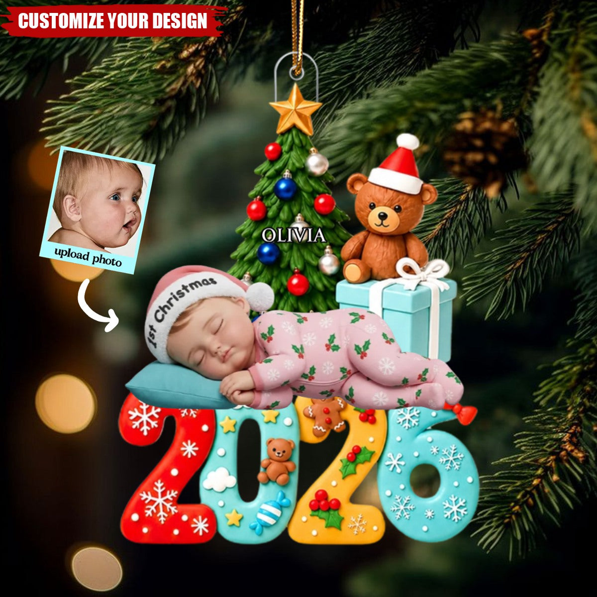 Custom Photo Baby First Christmas 2026 - Personalized Acrylic Ornament