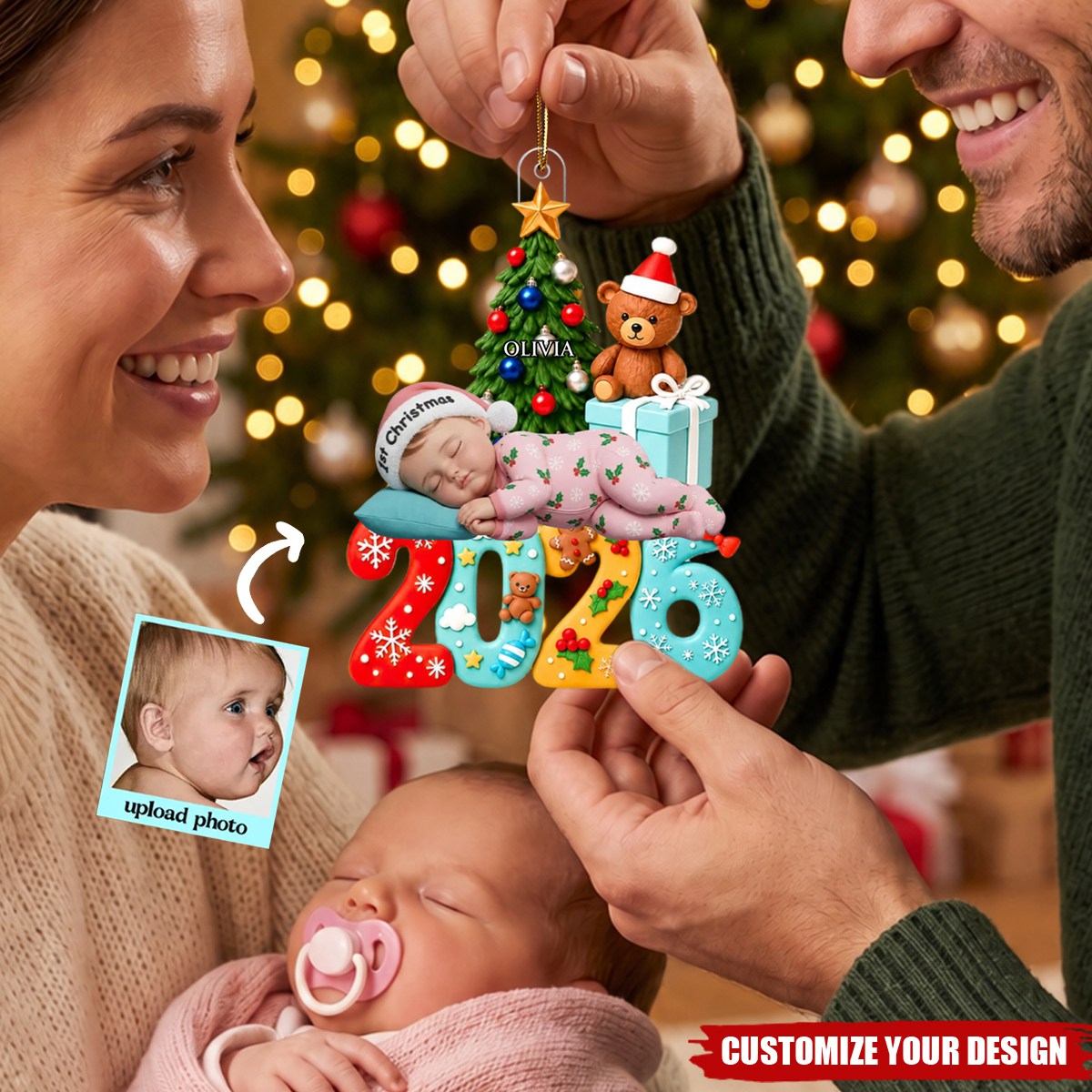 Custom Photo Baby First Christmas 2026 - Personalized Acrylic Ornament
