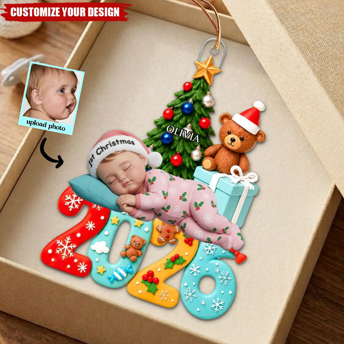 Custom Photo Baby First Christmas 2026 - Personalized Acrylic Ornament