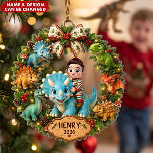 Trending Cute Cartoon Kid With Dinosaur - Personalized Acrylic Ornament