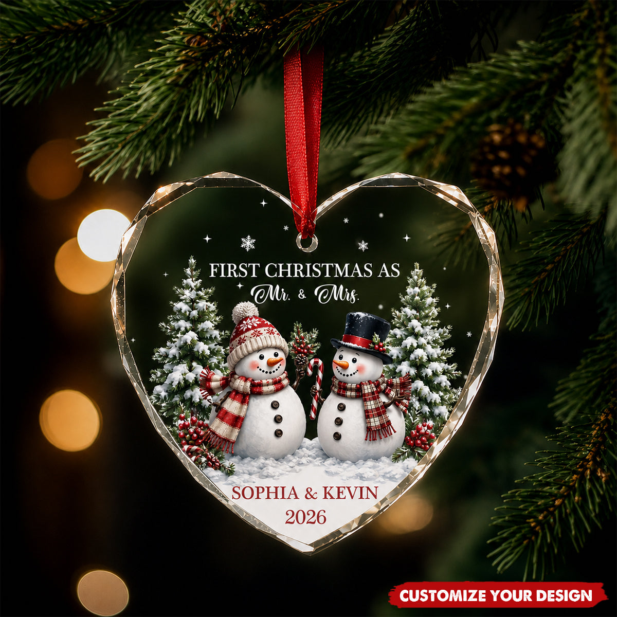 Personalized Heart Shaped Glass Ornament - First Christmas As Mr & Mrs Snowman