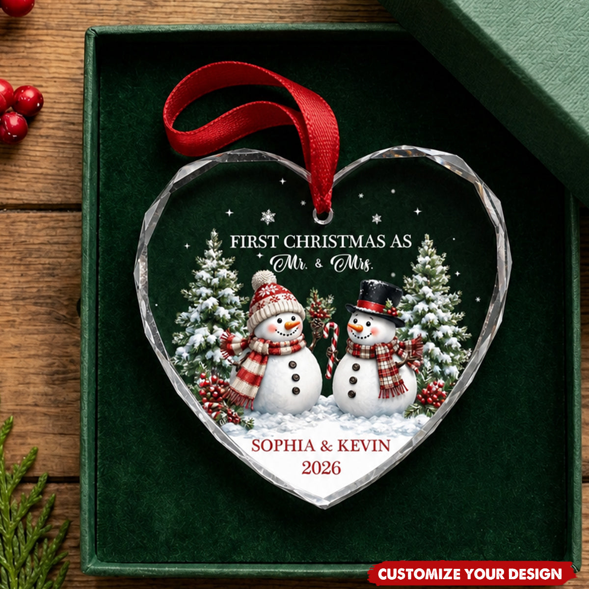 Personalized Heart Shaped Glass Ornament - First Christmas As Mr & Mrs Snowman
