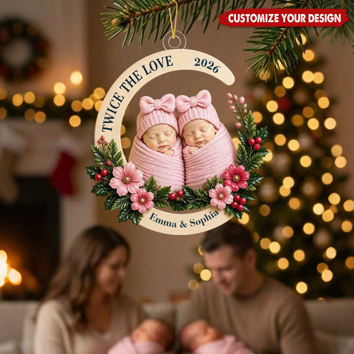 Personalized Twin Baby Acrylic Ornament - Custom Newborn Christmas Decoration