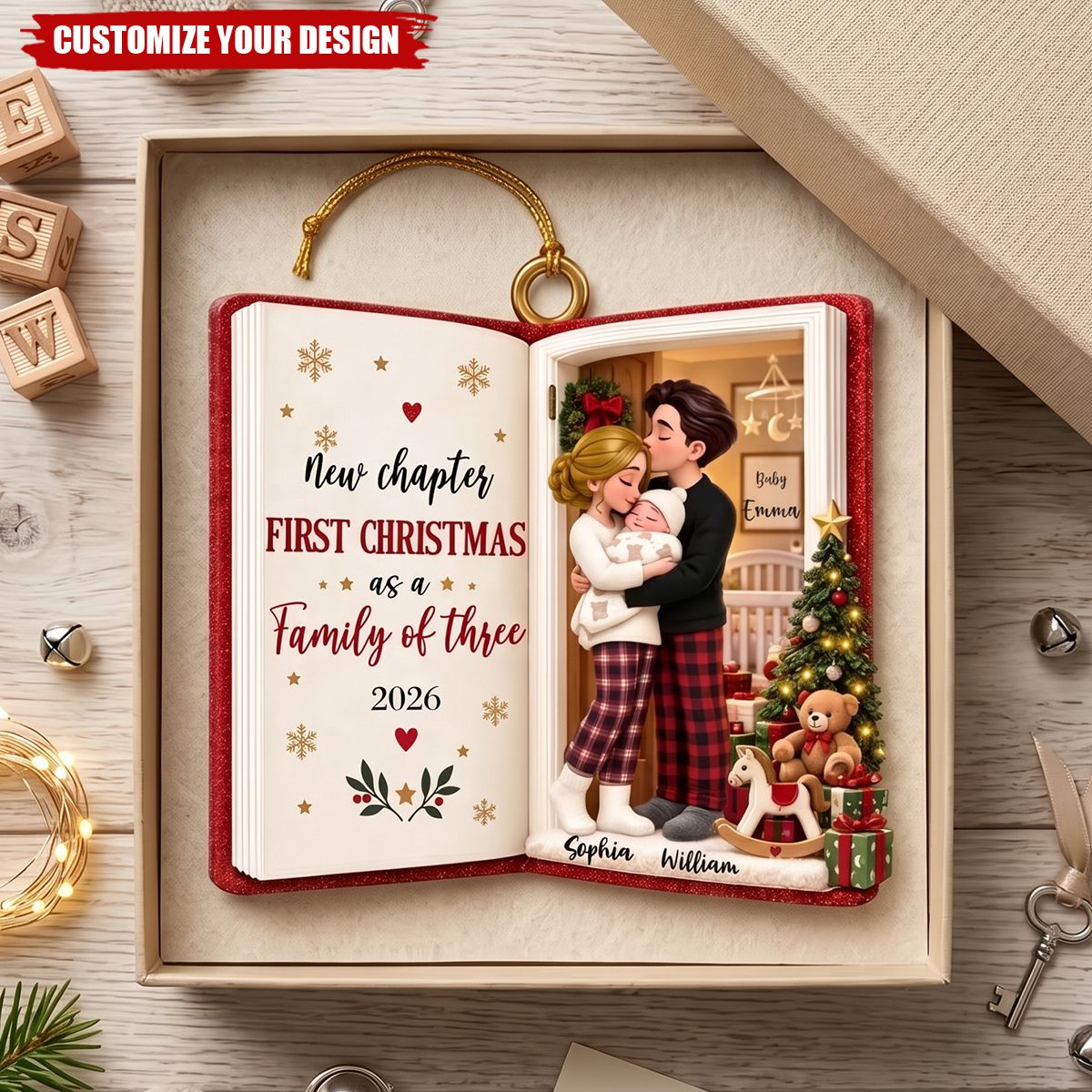 New Chapter First Christmas As Family Of Three - Personalized Acrylic Ornament