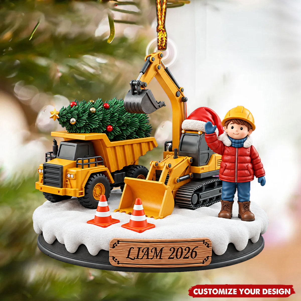 Personalized Construction Truck Ornament - Holiday Gift For Kids And Little Builders