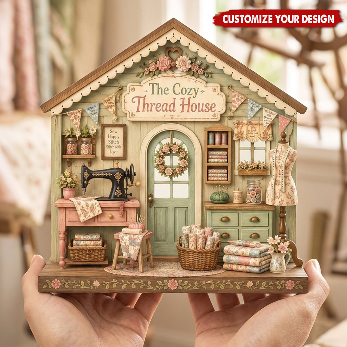 Personalized Wooden Sewing Machine Shelf Sitter - Seamstress Gift